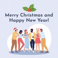 Merry Christmas and Happy New Year greeting card template. Editable social media post design. Flat vector color illustration for poster, web banner, ecard