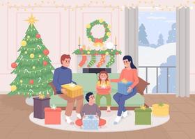 Parents unwrapping presents with kids flat color vector illustration. Wintertime. Holiday tradition. Decorated home. Fully editable 2D simple cartoon characters with christmas tree on background