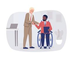 Manager supporting disabled worker 2D vector isolated illustration. Inclusion in workplace flat characters on cartoon background. Diversity colourful editable scene for mobile, website, presentation