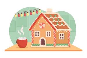 Gingerbread house and hot beverage 2D vector isolated illustration. Christmas flat object on cartoon background. Traditional decoration colourful editable scene for mobile, website, presentation