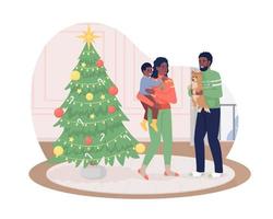 Family on Christmas 2D vector isolated illustration. Traditional celebration flat characters on cartoon background. Cozy house colourful editable scene for mobile, website, presentation