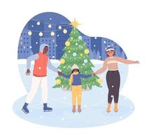 familia en la pista de patinaje 2d vector ilustración aislada. personajes planos de recreación de vacaciones en el fondo de dibujos animados. escena editable colorida de Navidad para móvil, sitio web, presentación