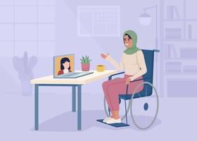 mujer con discapacidad trabajando desde casa ilustración vectorial de color plano. videochat con socio comercial. lugar de trabajo remoto. interior de dibujos animados simple 2d totalmente editable con lugar de trabajo en el fondo vector