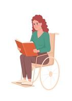 mujer leyendo un libro en silla de ruedas de carácter vectorial de color semiplano. figura editable. persona de cuerpo completo en blanco. discapacidad ilustración de estilo de dibujos animados simple para diseño gráfico web y animación vector