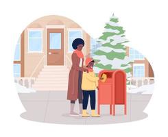 madre e hijo envían correo 2d vector ilustración aislada. personajes planos familiares felices en el fondo de dibujos animados. enviando saludos navideños coloridos escenarios editables para móvil, sitio web, presentación