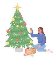 dama decorando el árbol de navidad carácter vectorial de color semiplano. figura editable. persona de cuerpo completo en blanco. preparación de vacaciones ilustración de estilo de dibujos animados simple para diseño gráfico web y animación vector