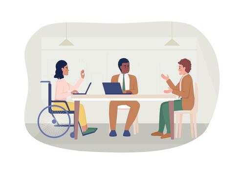 Disabled woman at meeting 2D vector isolated illustration. Inclusion in business flat characters on cartoon background. Diversity colourful editable scene for mobile, website, presentation