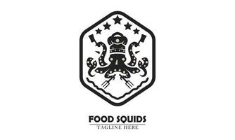 squid holding knife and fork in hexagon outline logo icon element vector