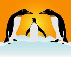 Three penguin standing in the snow back of a yellow background vector