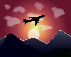 setting of the sun mountains clouds flying plane vector