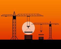 two tall cranes lifted concrete slabs evening time vector