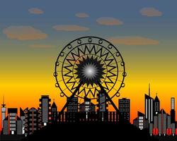 Ferris wheel in the evening time against the backdrop of of the city vector