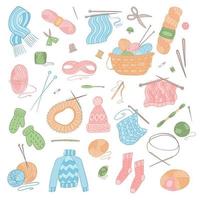 Set vector illustration elements isolated on white. Knitting tools, yarn, wools, knitting needles. Handmade knitwear and hobby concept.
