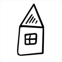 Doodle house. Funny primitive black and white sketch scribble style. Hand drawn toy build vector illustration.