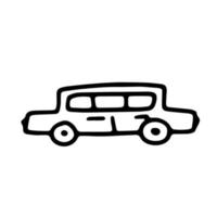 contorno de fideos coche blanco y negro. divertido estilo primitivo de garabatos. Ilustración de vector de coche de juguete dibujado a mano.