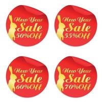 New Year red stickers set with bunny 50, 55, 60, 70 off vector