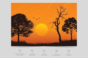 hora de la puesta del sol o del amanecer en la escena de la naturaleza del bosque y el colorido diseño del paisaje del ilustrador plano del cielo vector