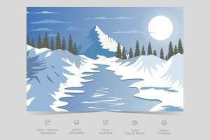 Beautiful ice river side nature scene flat illustration landscape design background template vector