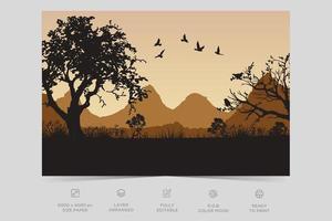 hermosa escena de la naturaleza del bosque en la tarde. plantilla de fondo de diseño de paisaje de ilustración plana vector