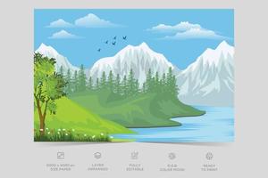 Beautiful river side nature scene flat illustration landscape design background template vector