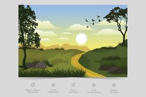 Sunset or sunrise time at forest nature scene and colorful sky flat illustrator landscape design vector