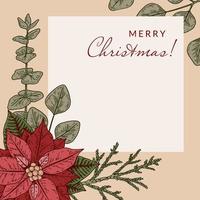 Merry Christmas and Happy New Year greeting card with hand drawn poinsettia and eucalyptus brunches. Festive colorful background. Vector illustration in sketch style. Social media post template