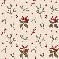 Merry Christmas and Happy New Year seamless pattern with poinsettia branches and mistletoe. Vector illustration in sketch style. Festive background