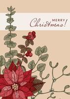 Merry Christmas and Happy New Year vertical greeting card with hand drawn poinsettia flower and mistletoe brunch. Festive colorful background. Vector illustration in sketch style