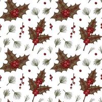 Merry Christmas and Happy New Year seamless pattern with holly leaves and berries. Vector illustration in sketch style. Festive background