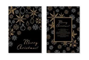 Set of Merry Christmas and Happy New Year vertical greeting cards with hand drawn golden stars and toys on black background. Vector illustration in sketch style