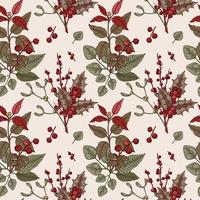 Merry Christmas and Happy New Year seamless pattern with poinsettia flowers and holly leaves. Vector illustration in sketch style. Festive background
