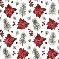 Merry Christmas and Happy New Year seamless pattern with poinsettia flowers. Vector illustration in sketch style. Festive background