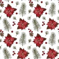 Merry Christmas and Happy New Year seamless pattern with poinsettia flowers. Vector illustration in sketch style. Festive background