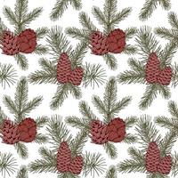 Merry Christmas and Happy New Year seamless pattern with fir tree branches and cones. Vector illustration in sketch style. Festive background