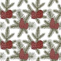 Merry Christmas and Happy New Year seamless pattern with fir tree branches and cones. Vector illustration in sketch style. Festive background