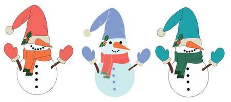 A set of cute Christmas snowmen in a hat. Festive winter concept. Vector illustration on an isolated background. For printing on fabric, postcards, canvas