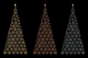 A set of Christmas trees. Christmas trees made of snowflakes. Vector illustration on a black background.