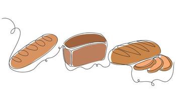 Bakery products in continuous line drawing style. Black line sketch on a white background. Vector illustration.