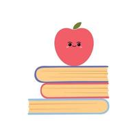 Stack of books with red apple in kawaii style. Vector illustration isolated on white background. Education concept