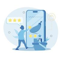 People who are rating in ecommerce. People who are shopping online. It is easier for people to shop for everything they need in the application. flat cartoon vector illustration