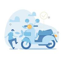 People who buy new motorcycles. First impression of seeing the new motorbike. Vector illustration