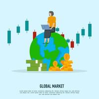 Stock market vector illustration. Concept of business woman using laptop to monitor stock market. Stock market chart or forex trading chart for business and finance concept, Vector illustration