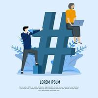 concepto de ilustración vectorial de hashtag seo que muestra cómo se han planificado palabras clave de hashtag para un buen seo, grupo de personas con icono de hashtag, concepto de marketing en medios sociales. vector