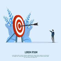 Set success goals concept. Businessman pointing arrow that hit the right target. Successful businessman achieves target. Achieve the target. Business concept vector illustration