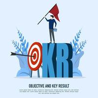 OKR, goals and key results framework to measure success and improvement, entrepreneur holding victory flag on target with OKR work. setting goals or defining measurable targets for business concepts. vector