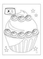 lindo kawaii cupcake página para colorear para niños vector