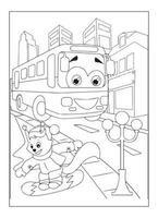 Happy Bus With Nature And City Coloring Page For Kids vector