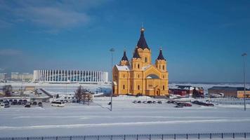 Aerial Footage of the Winter View to Alexander Nevsky Church with the background to the snowy Nizhny Novgorod city, Russia