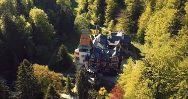 antico castello rumeno nel cuore della fantastica foresta verde autunnale, pelisor video