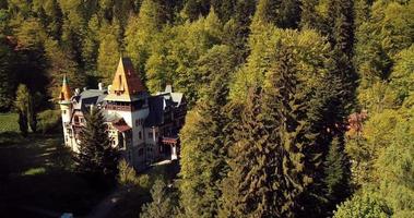 ancien château roumain au coeur d'une superbe forêt verte d'automne, pelisor video